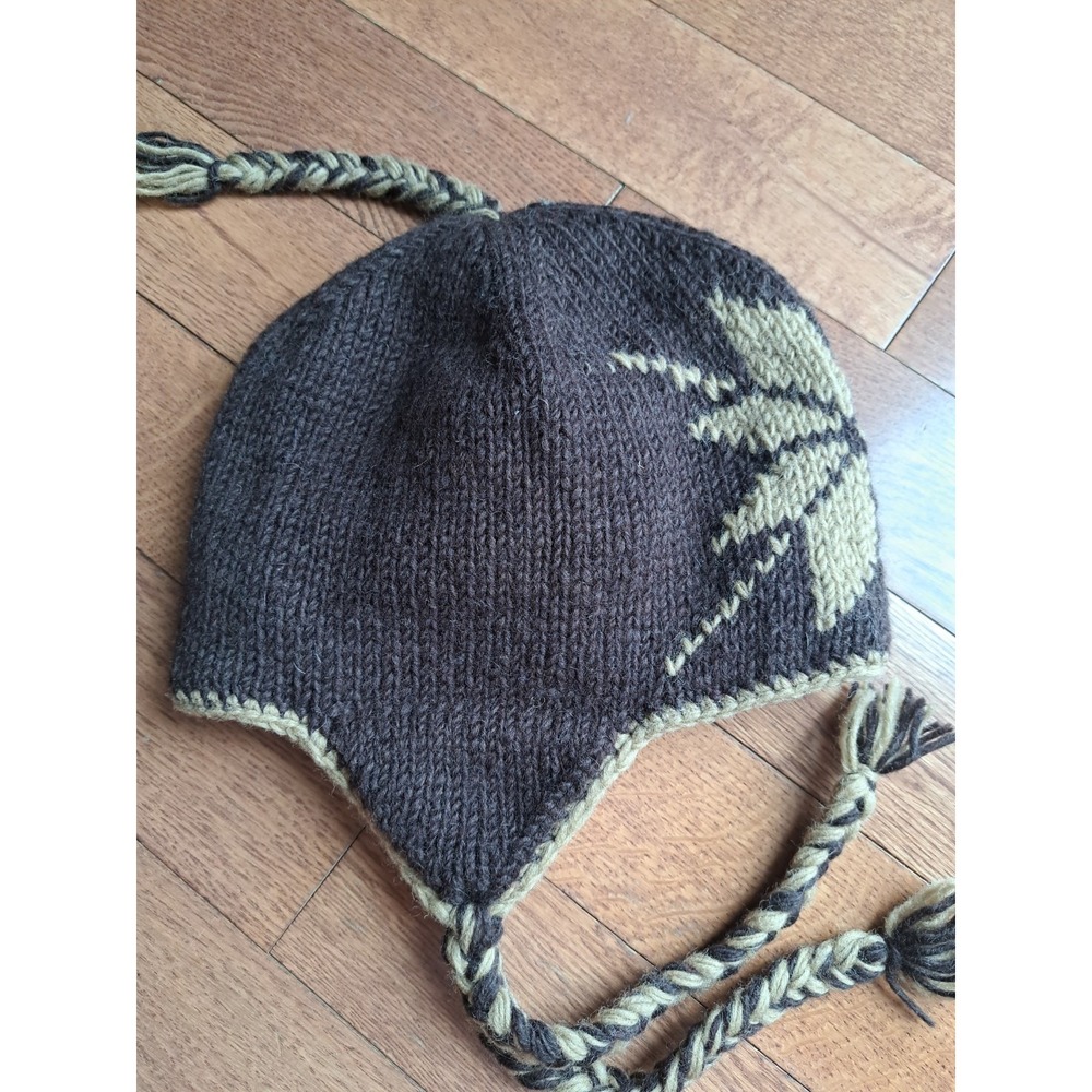 Wool Women's Men's Brown Snowflake Design Knit Earflap Hat Braided Tassels Nepal